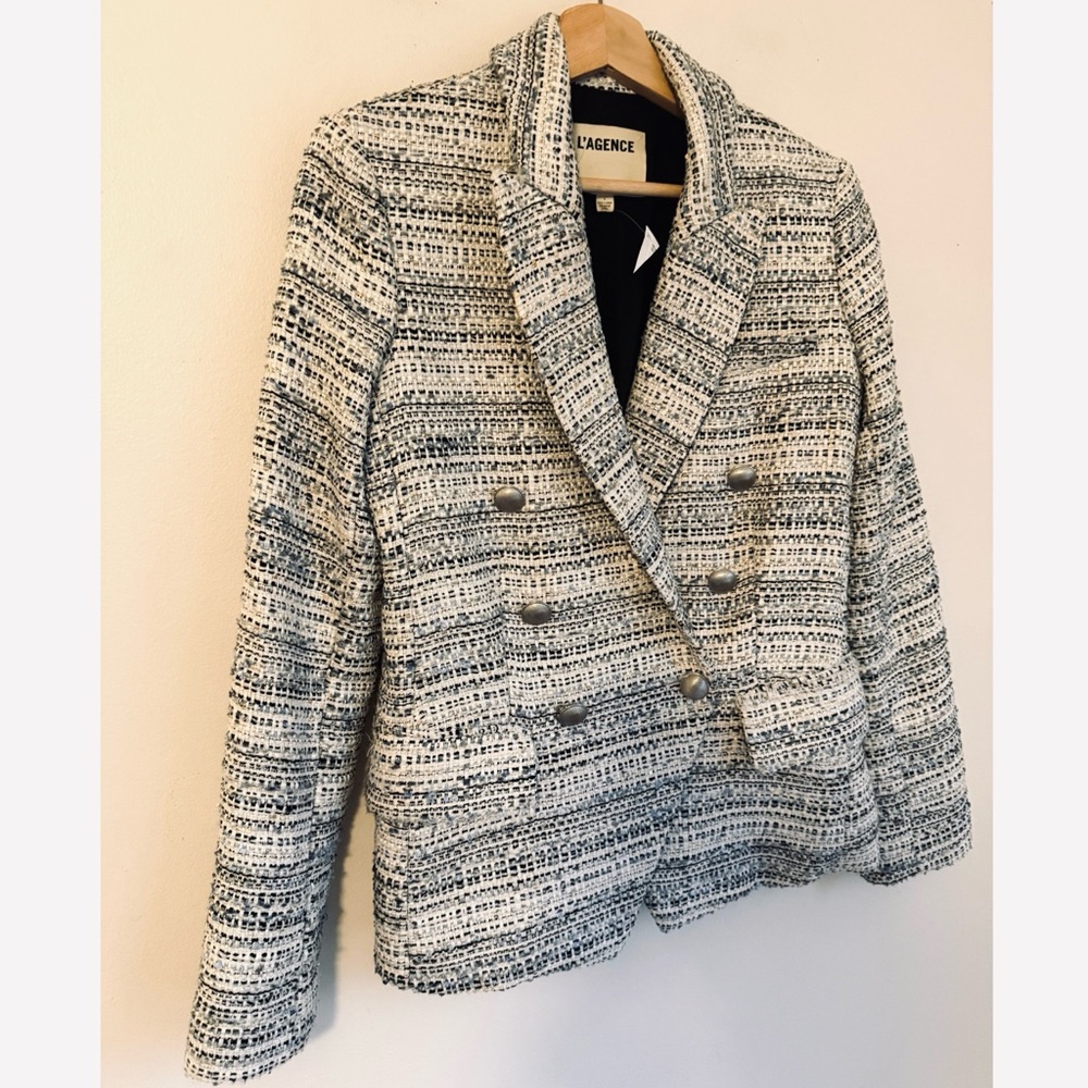 L'AGENCE White and Gray Tweed Double-Breasted Blazer - Picture 6 of 9